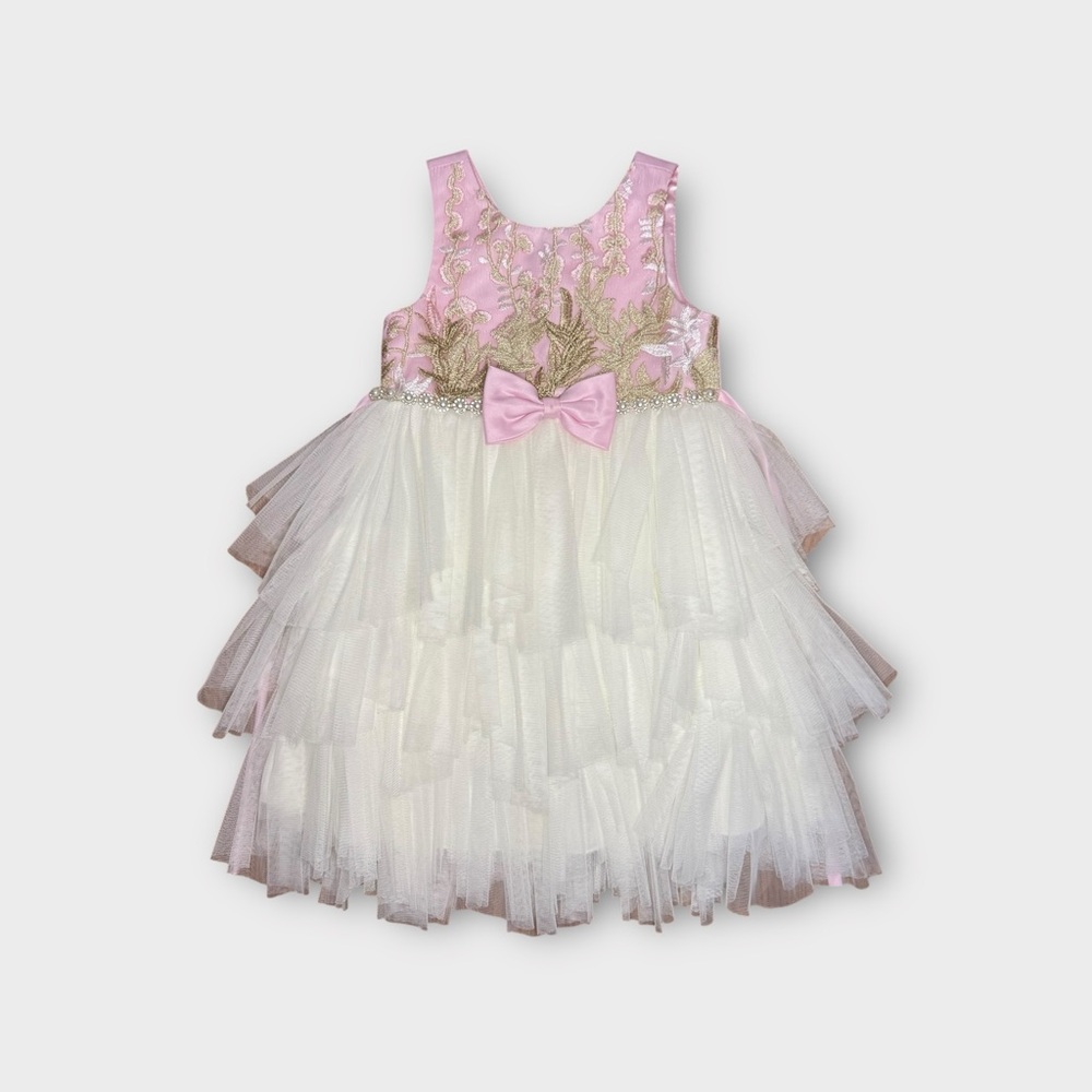 American Princess Pink Bodice & Gold Jacquard White Tulle Tiered Dress NWOT